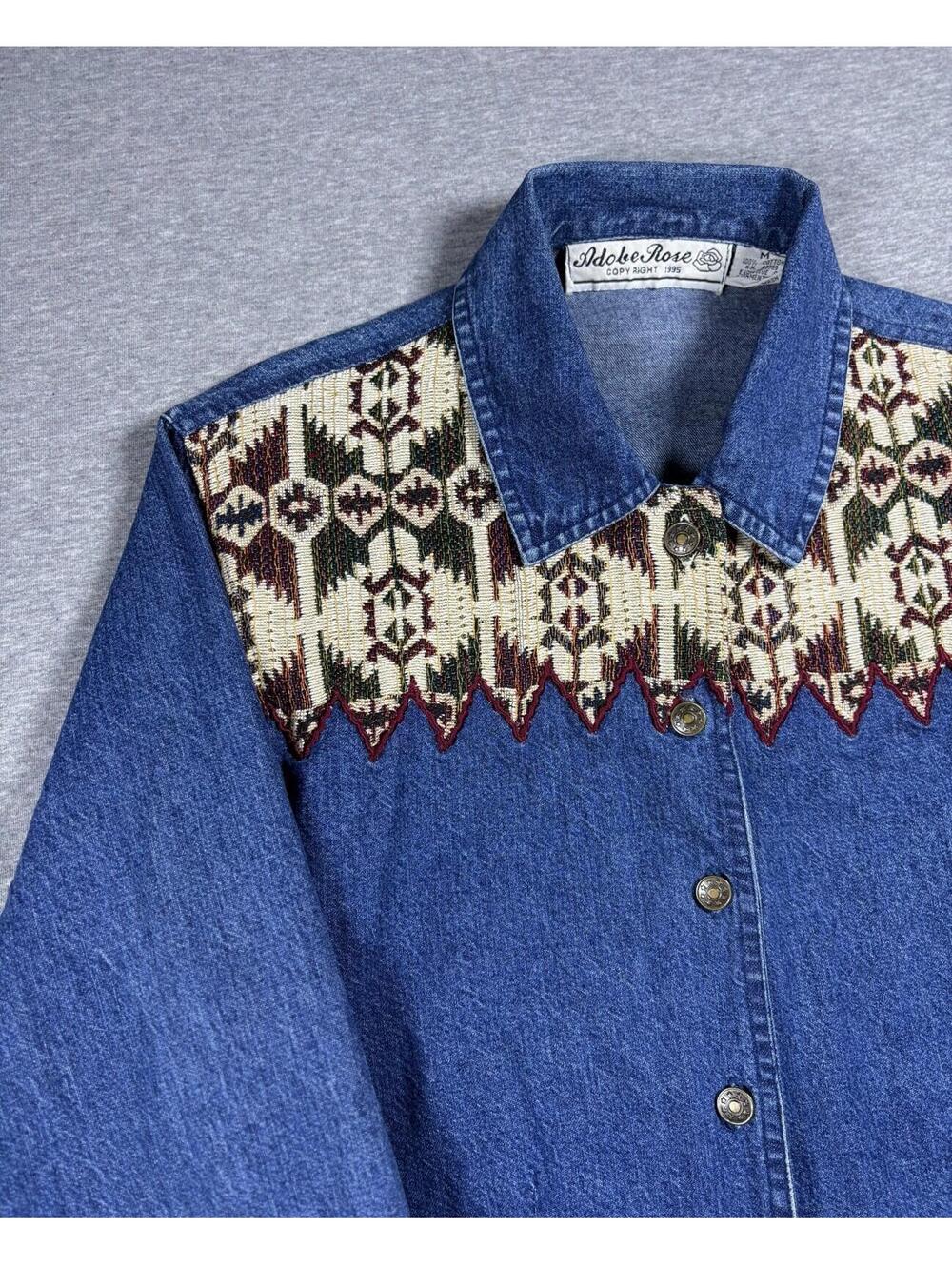 Vintage Western Denim Shirt Women’s MedAztec Tapestry Yoke Cropped Adobe Rose - Picture 2 of 6
